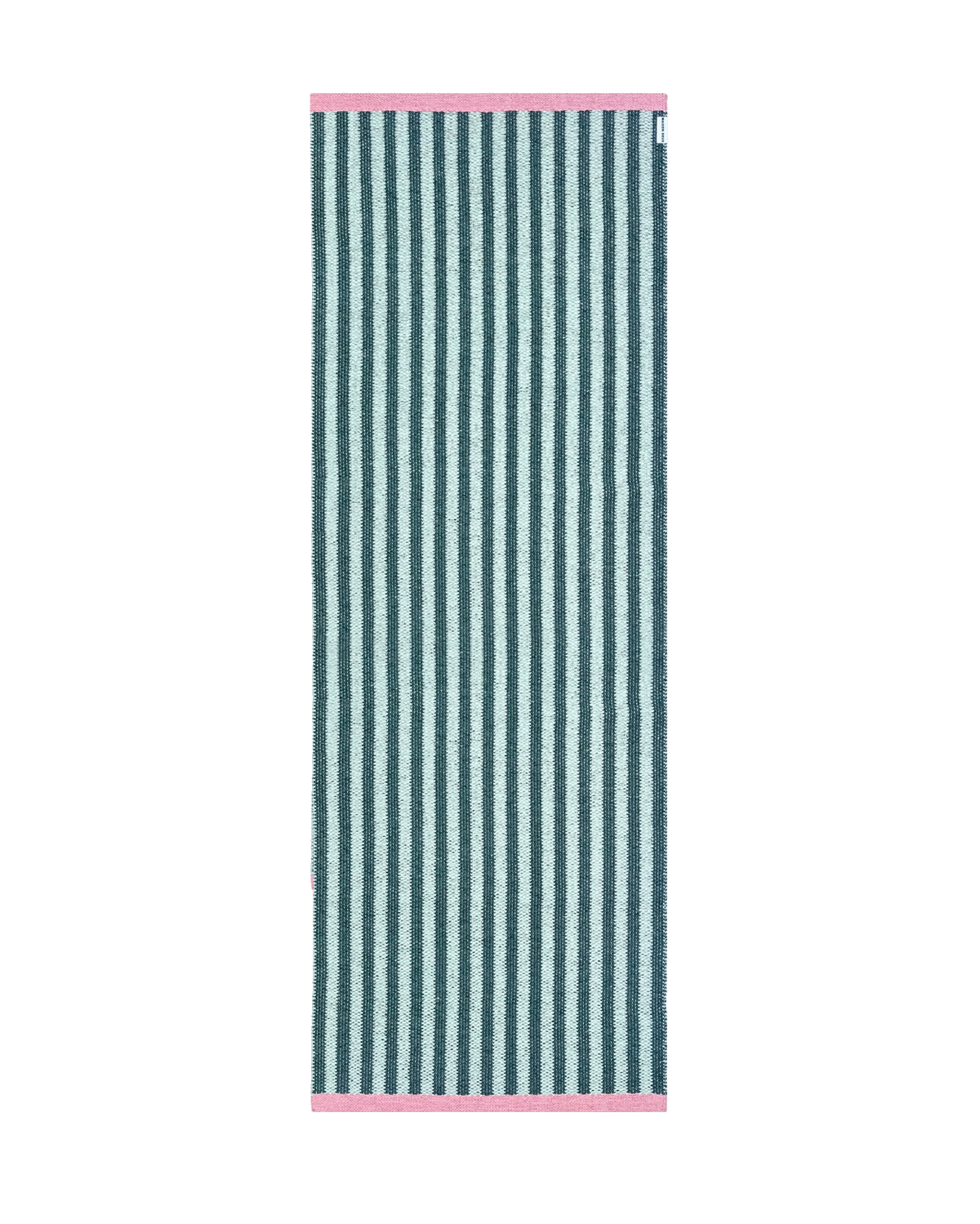  Dark green and light green striped rug with pink border, rolled