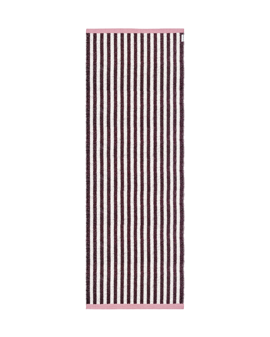 Dark red and cream striped rug with pink border, rolled