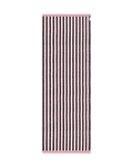 Dark red and cream striped rug with pink border, rolled