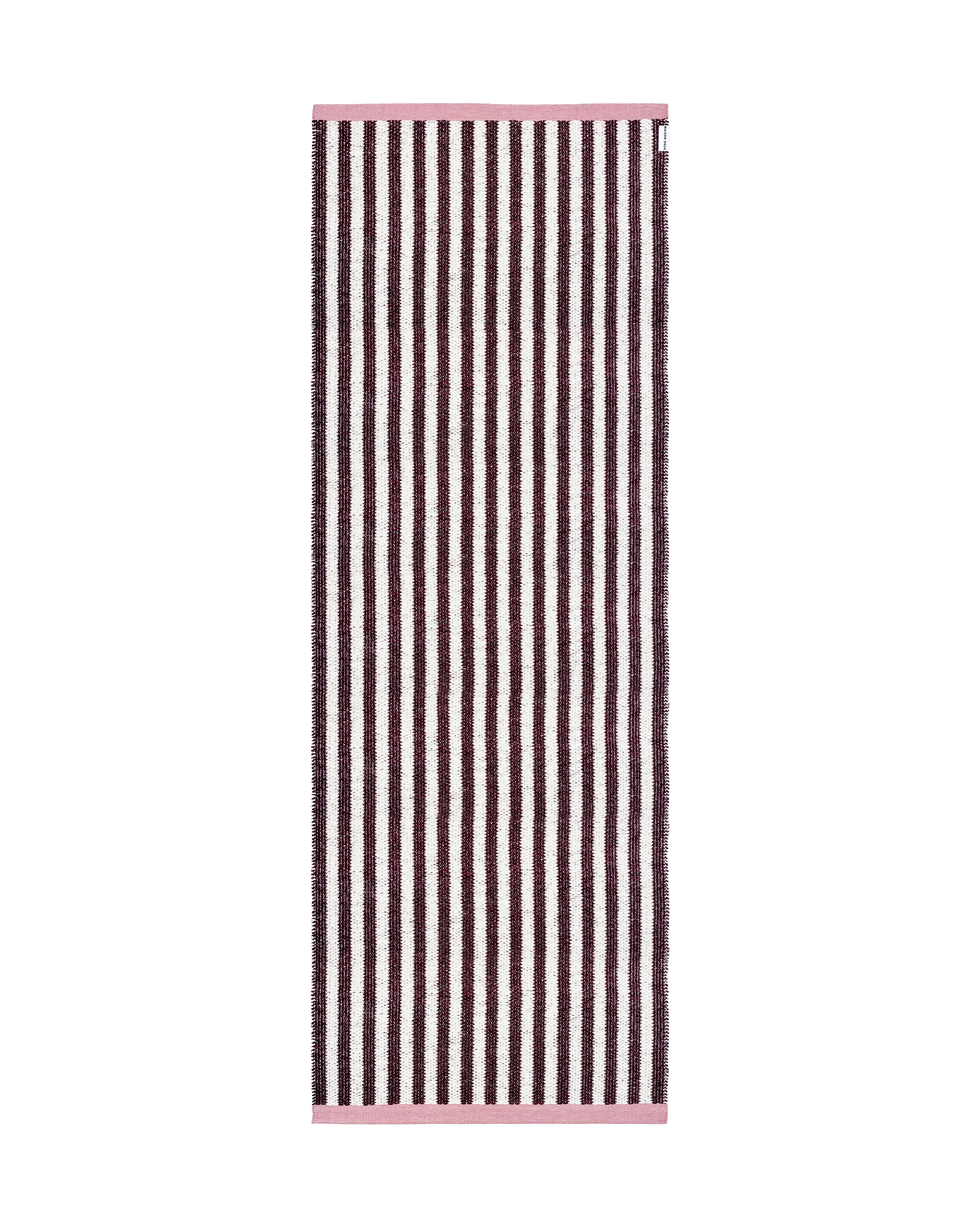 Dark red and cream striped rug with pink border, rolled