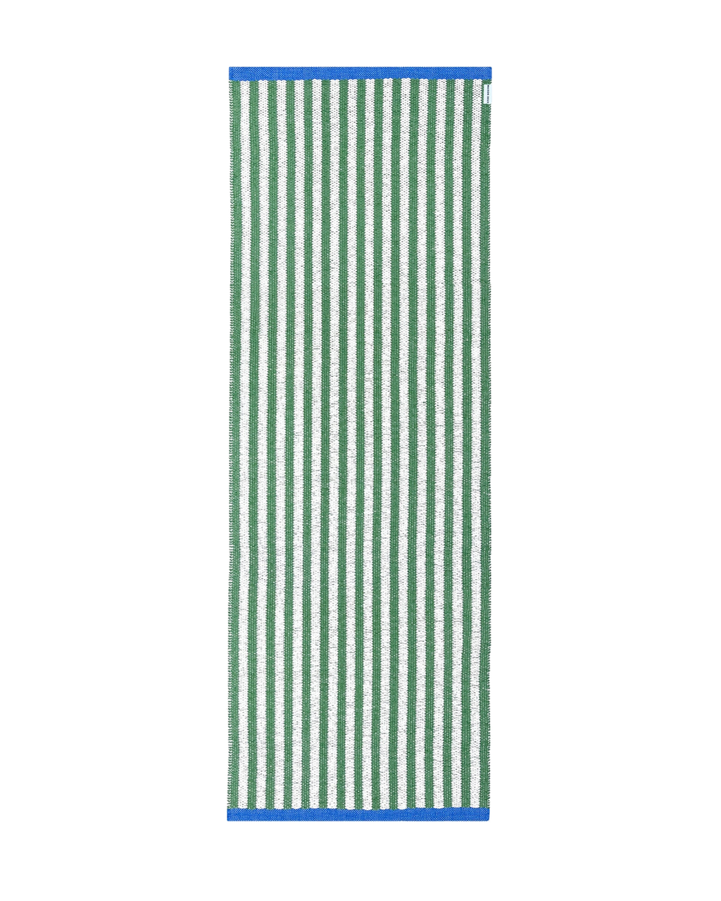 Green and white striped rug with blue border, rolled