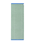 Green and white striped rug with blue border, rolled