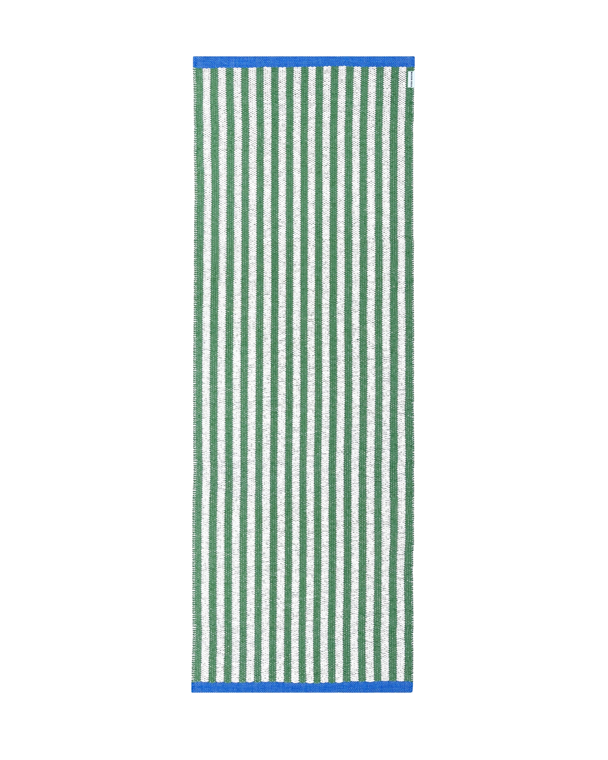 Green and white striped rug with blue border, rolled