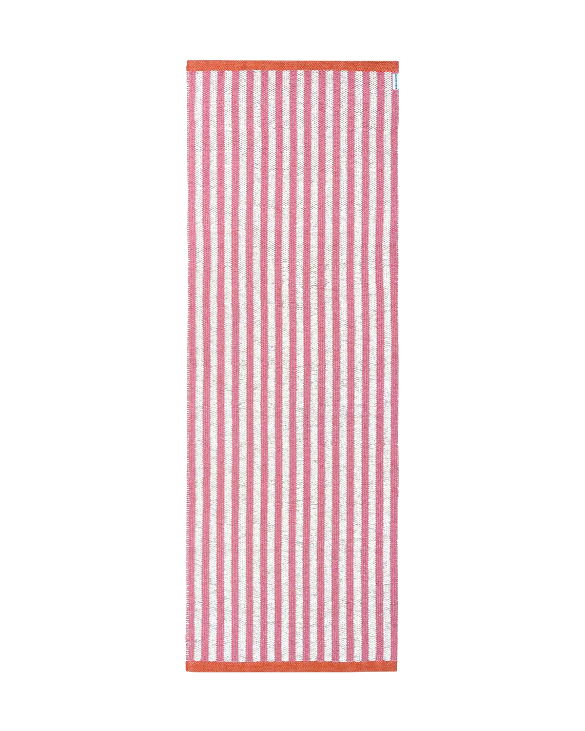 "	70 x 200 cm pink and white striped rug with coral border"
