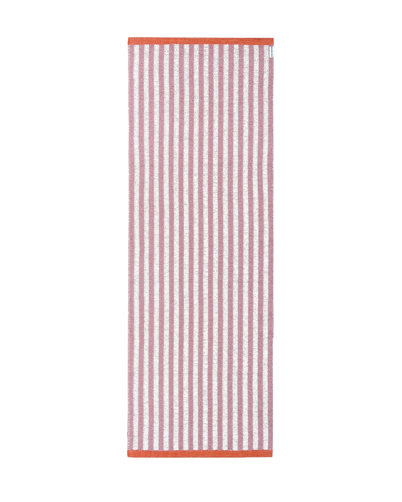 Pink and white striped rug with coral border, rolled