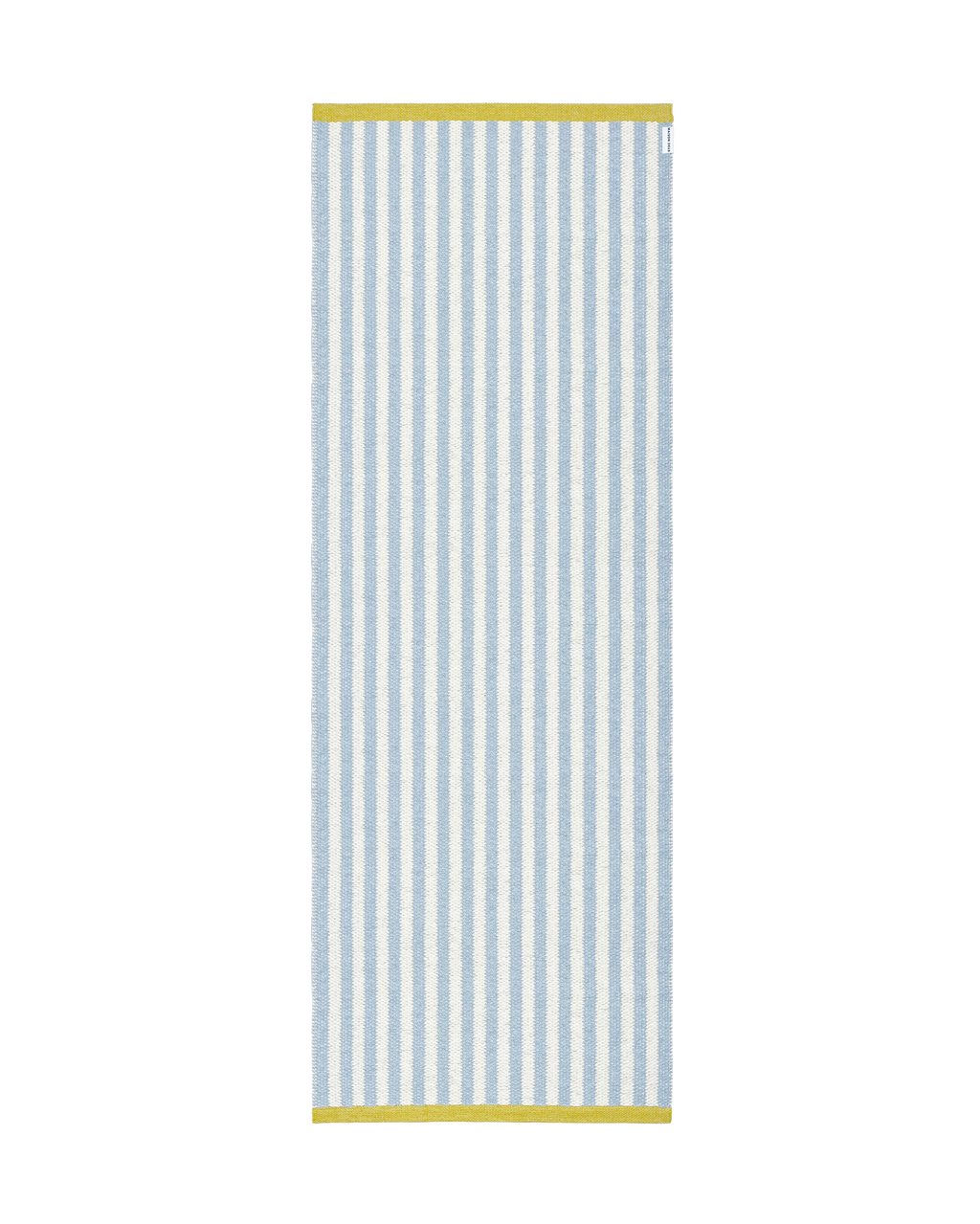 Sky blue and cream striped rug with mustard border, rolled
