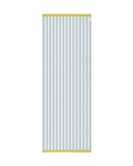 Sky blue and cream striped rug with mustard border, rolled