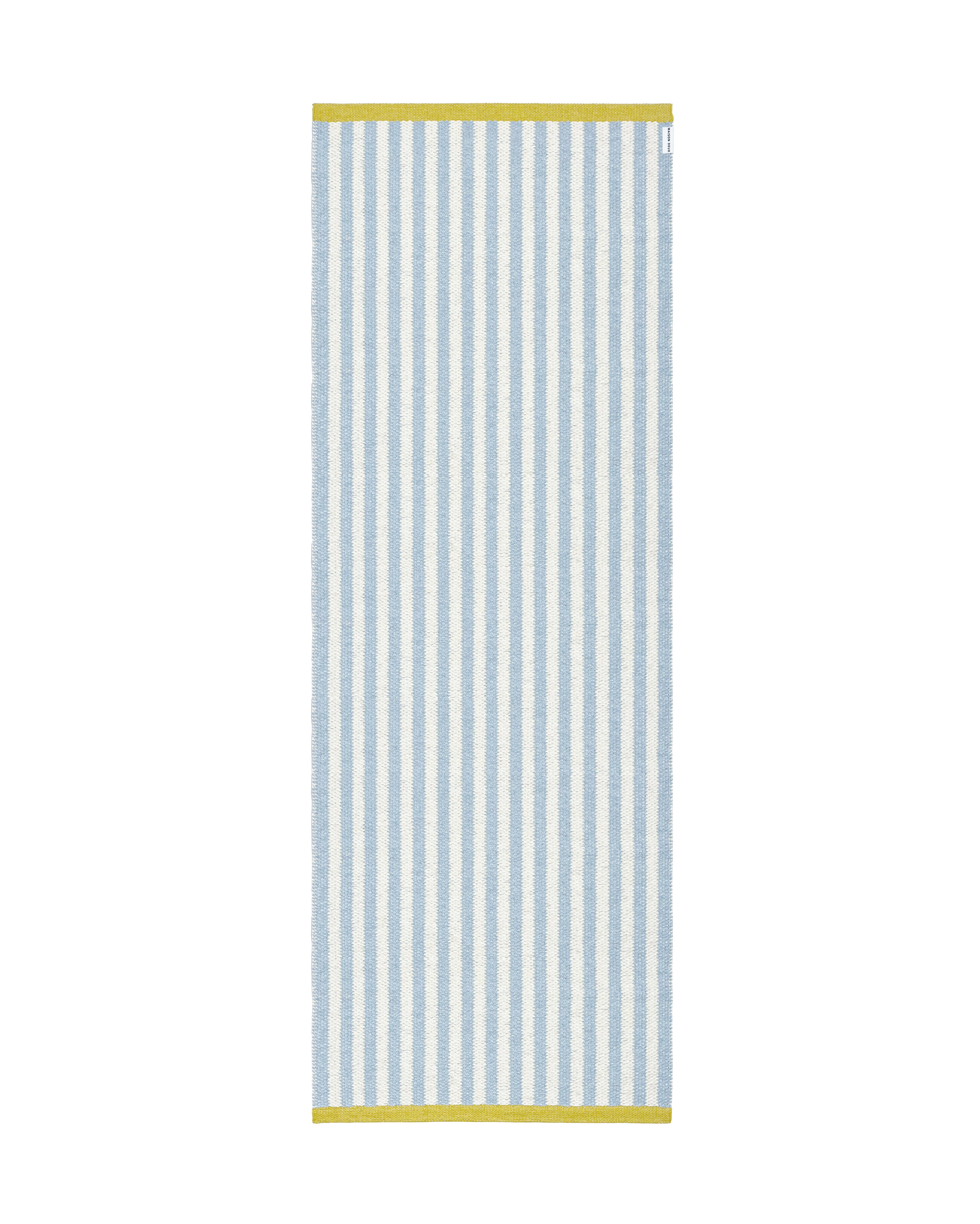 Sky blue and cream striped rug with mustard border, rolled