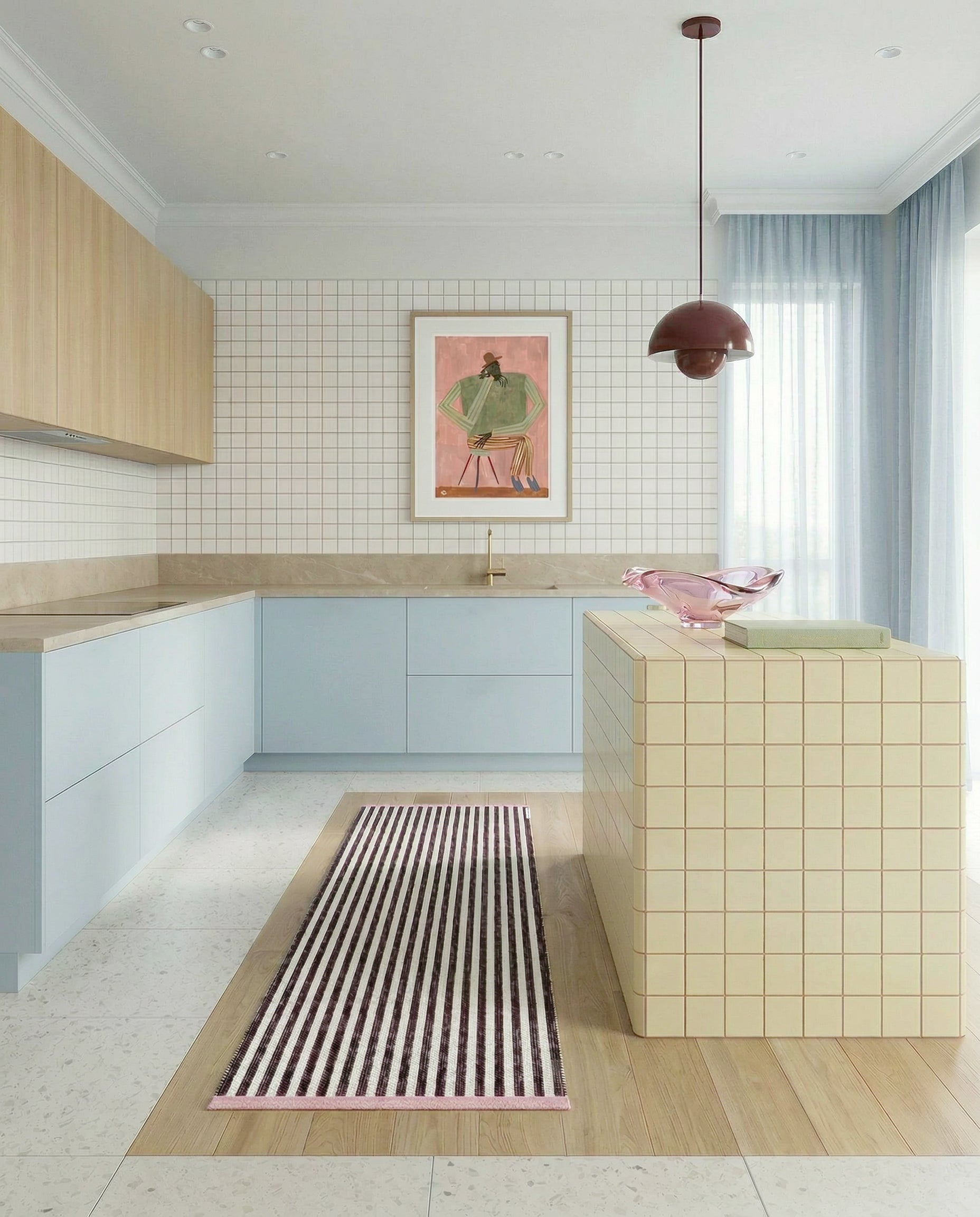 Dark red and cream striped rug styled as kitchen runner