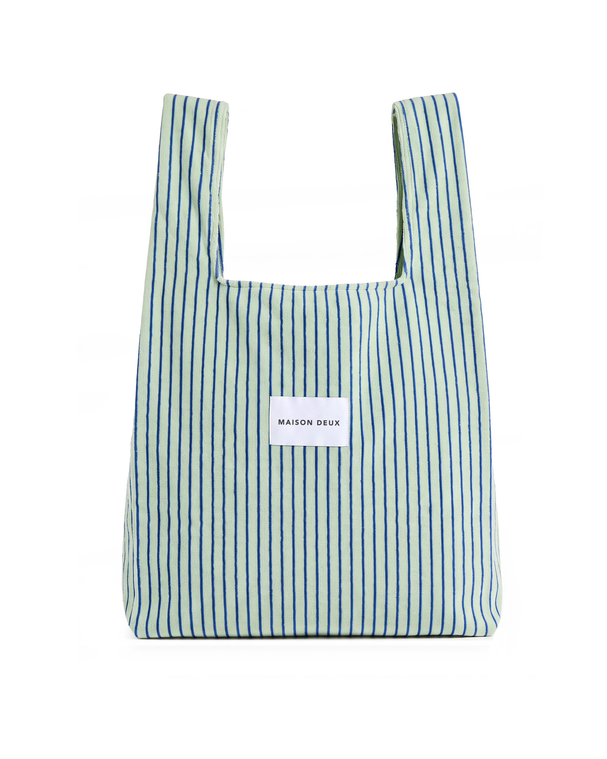 Sage and cobalt blue striped large terry shopper bag with handles