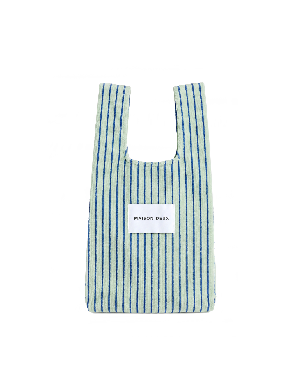 Sage and cobalt blue striped mini terry shopper bag with handles