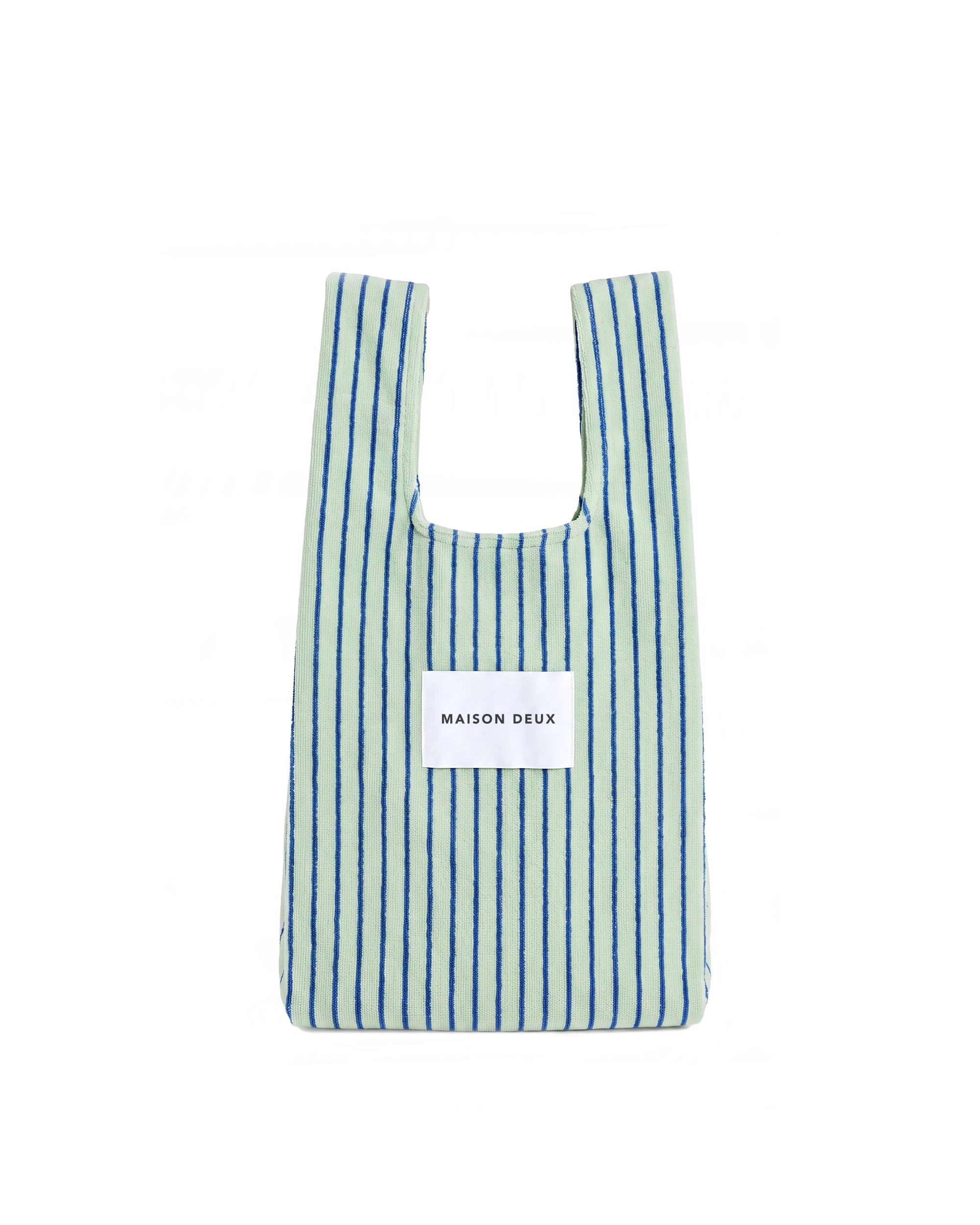 Sage and cobalt blue striped mini terry shopper bag with handles